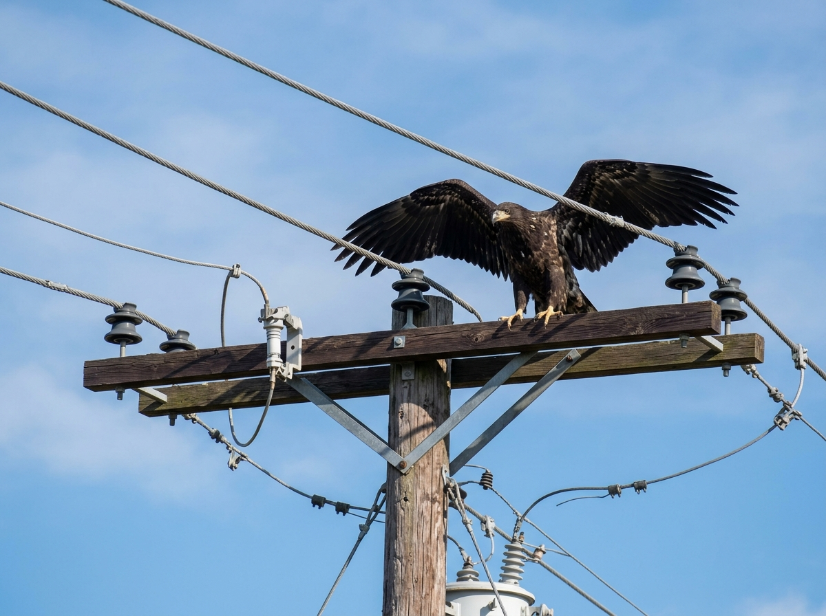 Ave en proximidad a conductores energizados en red de distribución sujeta a fallas eléctricas por fauna