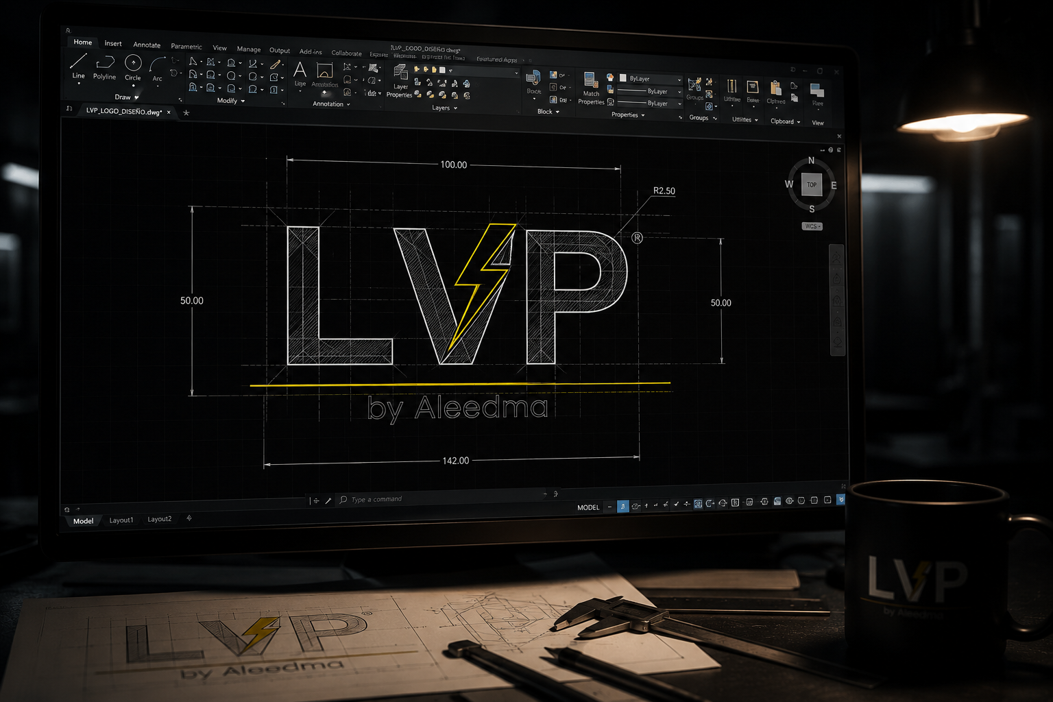 Diseño técnico del logotipo LVP by Aleedma como parte del origen de la marca
